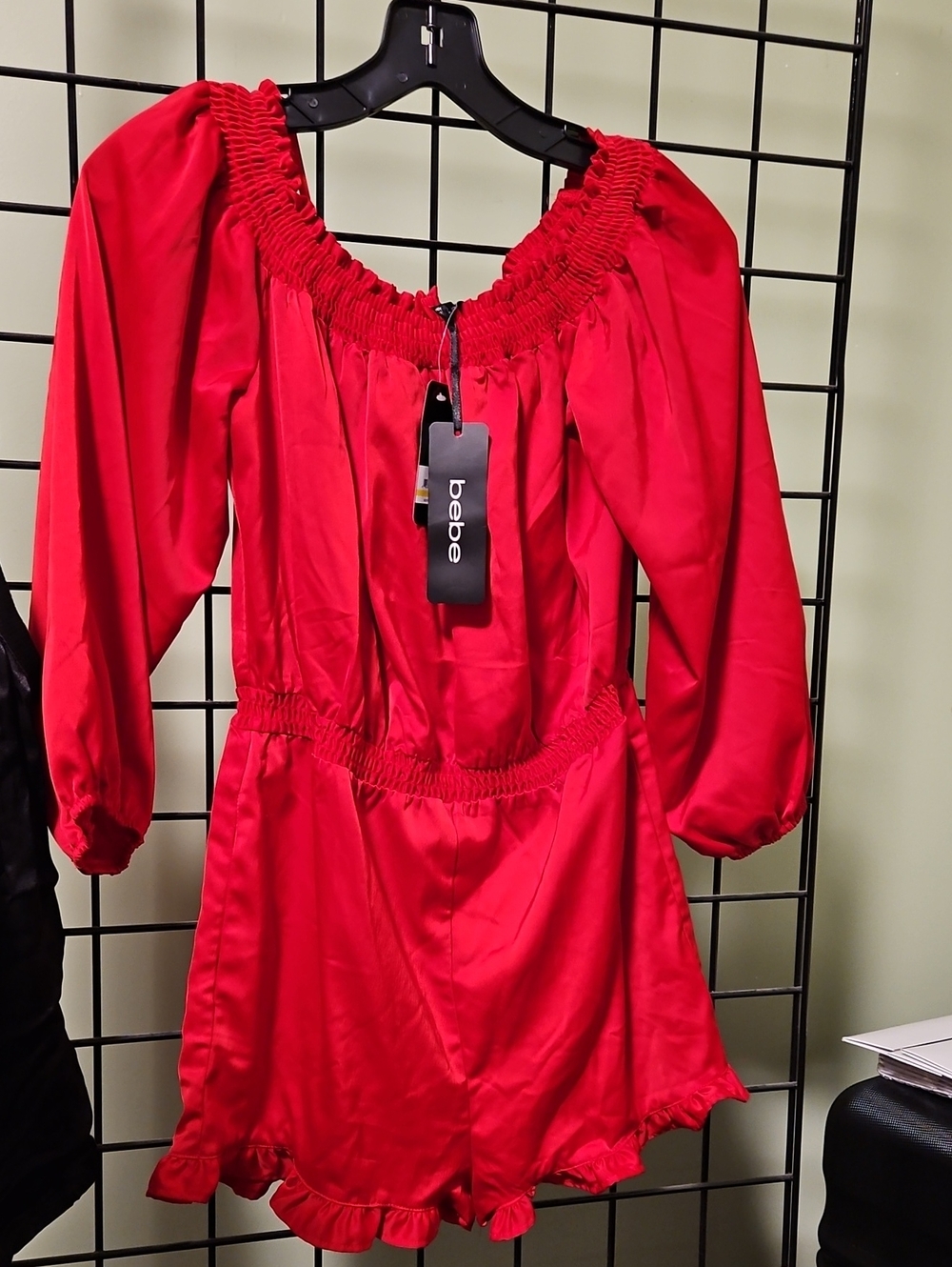 bebe Red Off-Shoulder Ruffle Romper - Picture 1 of 6